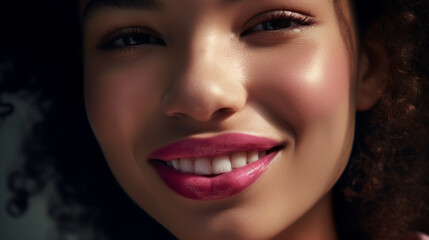 The focus of the photo is on a pair of lips, coated in a glossy lipstick that catches the light. Generative AI image.