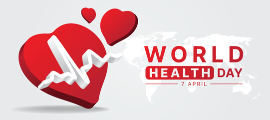 World Health Day - 3D red heart and white heart rhythm wave line sign on white wordl map texture background vector design