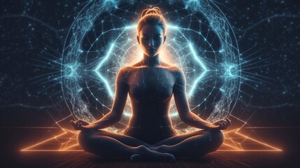 A woman sitting in the lotus pose in yoga and her connection to the universe. Generative AI.