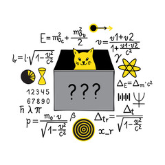 Set of physics formula, symbols, equations and Schrodinger cat isolated on white background.