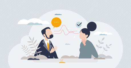 Active listening and speech hearing communication skills tiny person concept. Couple conversation with soft skills and ability to understand info vector illustration. Reflection and concentration.