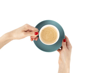 Woman with red manicure holding a blue coffee cup isolated on a white background, with clipping path