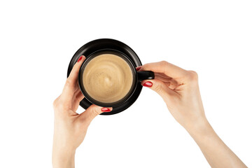 Woman with red manicure holding a black coffee cup isolated on a white background, with clipping path