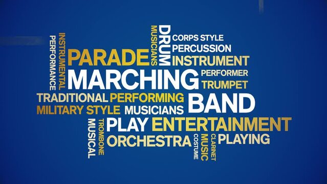 Marching Band animated tag word cloud;text design animation kinetic typography seamless loop.