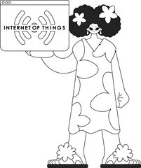Girl embracing a logo for the Internet of Things, in a linear vector style