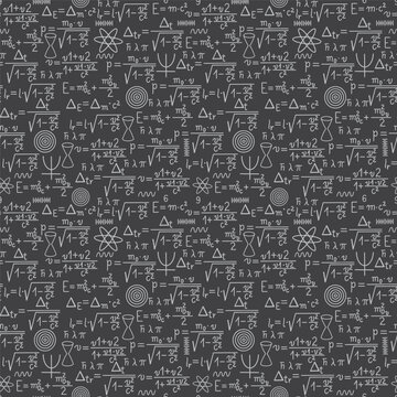 Ditzy seamless pattern with Physics equations on black background.