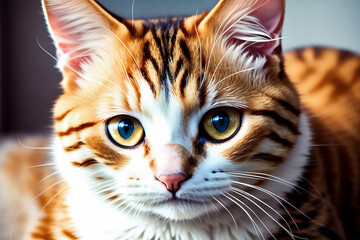 Portrait of a adorable cat, funny and cute face closeup, isolated on beautiful bokeh background, created with generative ai