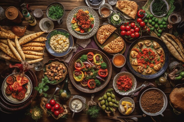 Traditional Turkish celebration dinner. Flat-lay of peopleeating Turkish salads, cooked vegetables, meze starters, pastries and drinking raki drink, top view. Middle Eastern cuisine