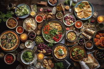 Fototapeta premium Traditional Turkish celebration dinner. Flat-lay of peopleeating Turkish salads, cooked vegetables, meze starters, pastries and drinking raki drink, top view. Middle Eastern cuisine