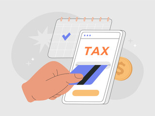 Online tax payment concept. Pay by credit card using phone. Calendar reminder for tax filing deadline. Hand drawn color vector illustration, isolated on light background, modern flat cartoon style