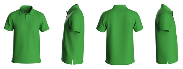 Polo T-shirt template, from four sides, isolated on white background. Green Color