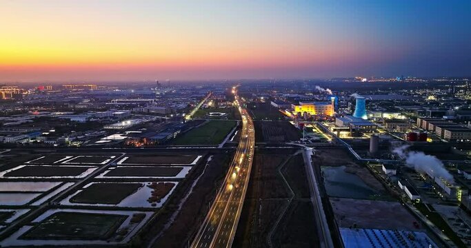 Aerial view of Hangzhou Bay Bridge scenery at sunset, Zhejiang Province, China. 