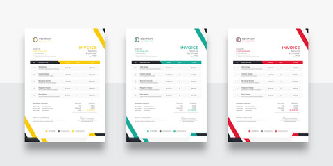 Modern and creative corporate company invoice template | Three-color variation creative invoice template design