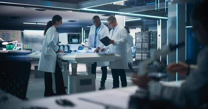 Scientist Using a Modern Digital Microscope in a Research and Development Facility. Focus Switching to a Diverse Team of Industrial Specialists Working on Remotely Controlled Mobility Robot