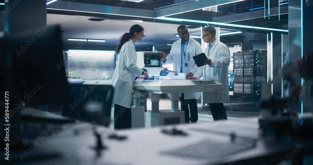 Poster Diverse Team of Industrial Robotics Specialists Gathered Around a Table With a Mobile Robot. Engineers In Lab Coats Discussing an Automated Robotic Delivery Assistant with Artificial Intelligence