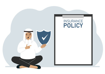 A man holds an insurance policy sign in his hands. The concept of life insurance, property or natural disasters.