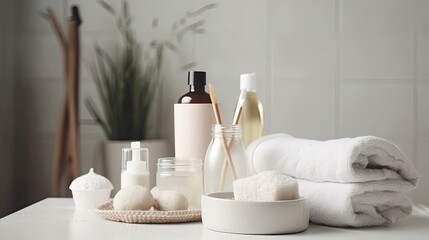 Obraz na płótnie Canvas Toiletries soap towel creams and lotions. Generative AI
