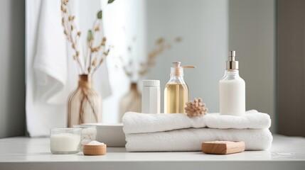 Fototapeta na wymiar Toiletries soap towel creams and lotions. Generative AI