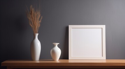 Minimalist White Vase on Wooden Table with Sunlight Streaming Through Window 