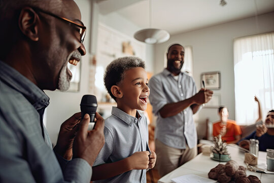 Happy Father's Day. African American Father sing with his son at home in modern interior. Celebration. Generated AI