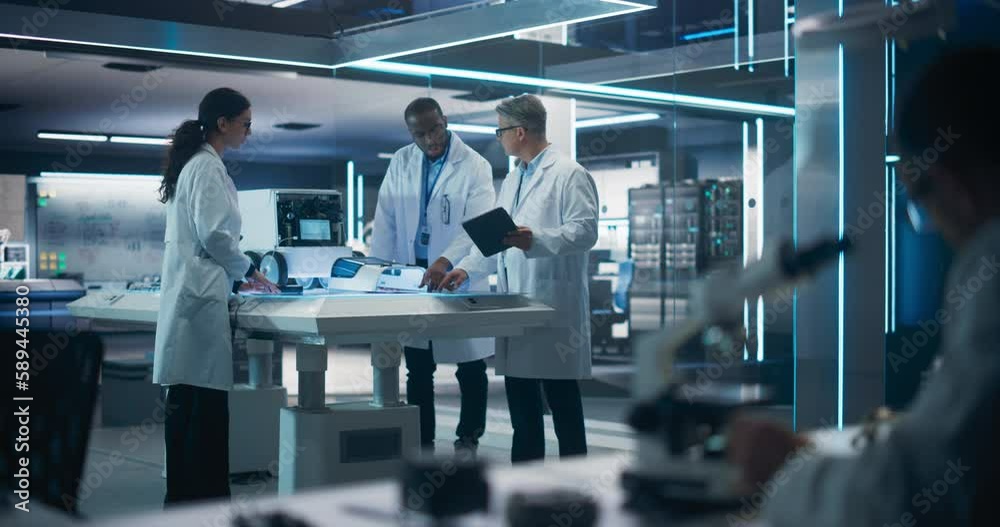 Poster Rack Focus Switching from a Scientist Conducting Research with a Microscope to an Industrial Robotics Specialists in Lab Coats Working on a Mobile Delivery Robot in a Tech Factory Facility