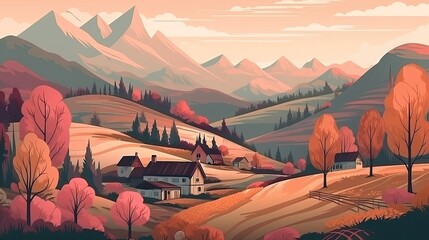 Vector illustration of Nature Cute illustration of landscape with village. Generative AI