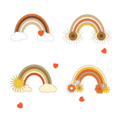 Isolated vector illustration set in groovy style: rainbows with clouds, eyes, sun, hearts and flowers. Retro elements with 70s vibes is perfect for stickers, prints, posters, flyers, gift decoration