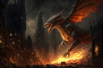 Dragon with burning medieval castle Created with Generative AI Technology