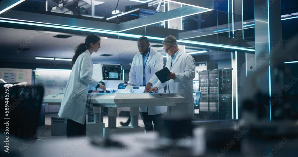 Aufkleber Diverse Team of Industrial Specialists Working on Remotely Controlled Mobility Robot in a Research Facility. Young Male and Female Engineers Discussing an Autonomous AI Delivery Assistant