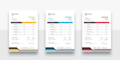 Professional and Clean Creative Corporate Business Invoice design template. Quotation Invoice Layout Template Paper Sheet Include Accounting, Price, Tax, and Quantity. With color variation Vector illu