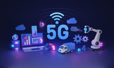 5G connectivity with high speed internet for IOT tech 3D illustration concept. Fast optical signal for data streaming, download or upload. Mobile phone cellular service antenna with wireless coverage