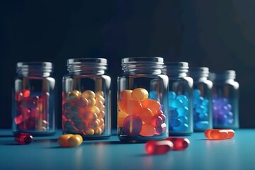 Jars of colorful pills and tablets. Colorful pills for drugs on a white background, pharmaceutical concept, medical supplies, pharmaceutics. ai generated.