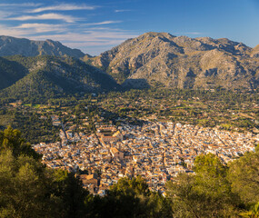 The view of Pollenca town close to sunset from the top of puig Maria Majorca Spain