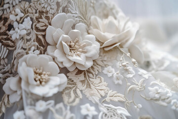 Close up of elegant flower embroidery on wedding dress. Generative AI illustration