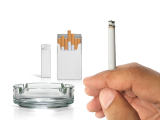 A cigarette in a hand, Cigarette pack, ashtray, and lighters on a transparent background
