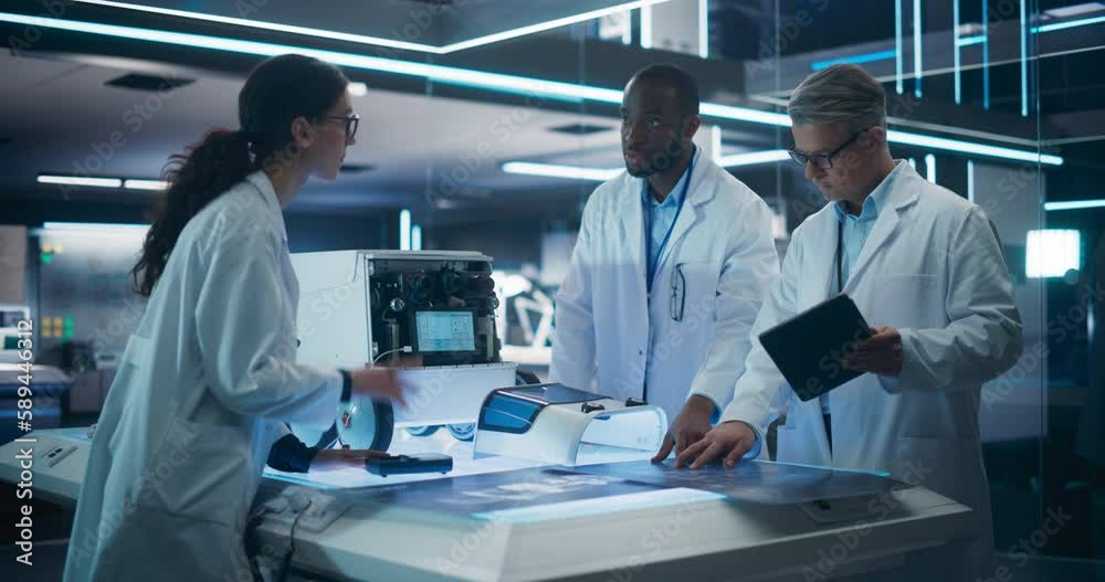 Aufkleber Portrait of a Team of Industrial Engineers Working on a Mobility Robot at a Startup Factory. Multiethnic Male and Female Scientists Discussing an Automated AI Robotic Delivery Machine in a Laboratory