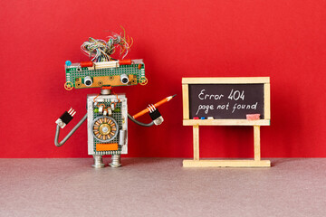 404 error page not found. Robot teacher with pointer, black chalkboard handwritten alert error...