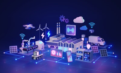 Smart factory with automation for manufacturing 3D illustration concept. Robotic line for product assembly, 5G IOT revolution and technology innovations illustration. Production infrastructure