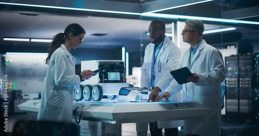 Poster Team of Industrial Engineers Working on a Mobility Robot at a Startup Factory. Multiethnic Male and Female Scientists Discussing an Automated AI Robotic Delivery Machine in a Laboratory