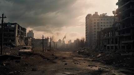A desolate urban scene with destroyed buildings and a lone car under overcast skies.