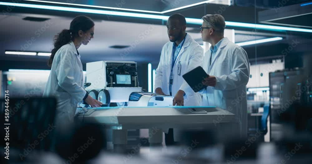 Poster Diverse Team of Industrial Robotics Specialists Gathered Around a Table With a Mobile Robot. Engineers In Lab Coats Discussing an Automated Robotic Delivery Assistant with Artificial Intelligence
