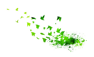 A flock of flying birds. Free birds green. abstraction birds flying from blots . Vector illustration