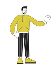 Confident stylish man waving hand flat linear duo color vector character. Editable figure. Full body person on white. Thin line duotone cartoon spot illustration for web graphic design and animation