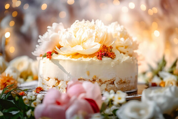 Cream wedding cake decorated with real peony flowers. Generative AI illustration