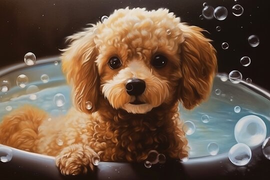 Сute fluffy bobtail puppy takes a bath filled with foam, a dog with fluffy fur sits in a bathtub. looking at the camera, cute pet, pet washing