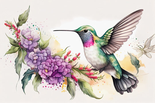 Watercolor hummingbird and flowers. Generative ai.