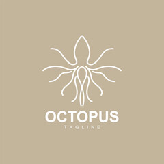 Octopus Logo, Simple Line Design, Sea Animal Vector Japanese Seafood Ingredient, Icon Symbol Illustration