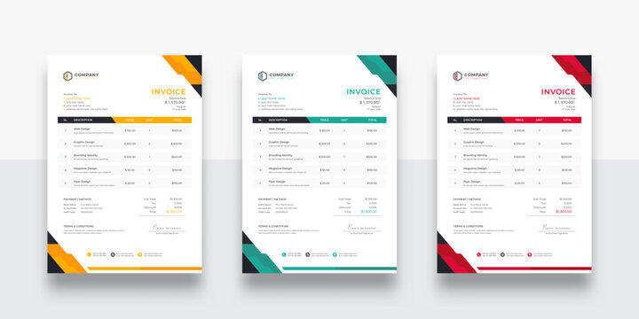 Abstract Modern and Creative Corporate Business Invoice design template. Creative invoice template vector. Three-color variation creative invoice template design. Tax form, bill graphic or payment rec