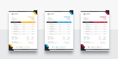 Modern and creative corporate company invoice template | Three-color variation creative invoice template design