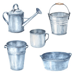 Garden rustic iron element decor set. Watercolor  Vintage iron watering can, bucket